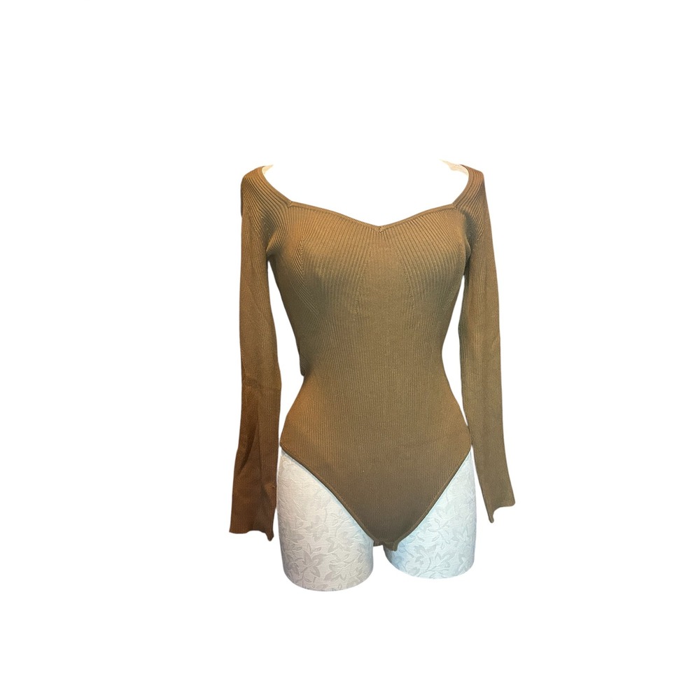 House of Harlow 1960 Womens Ribbed Sweetheart Long Sleeve Bodysuit Brown Sz L